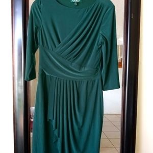 Ralph Lauren knit dress green Jewel tone gathers hidden zipper in the back